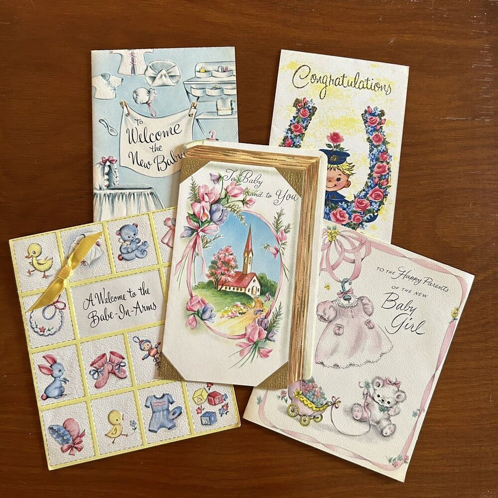 5x Vintage 50s/60s Welcome Baby Congratulations Cards Ephemera Scrapbook